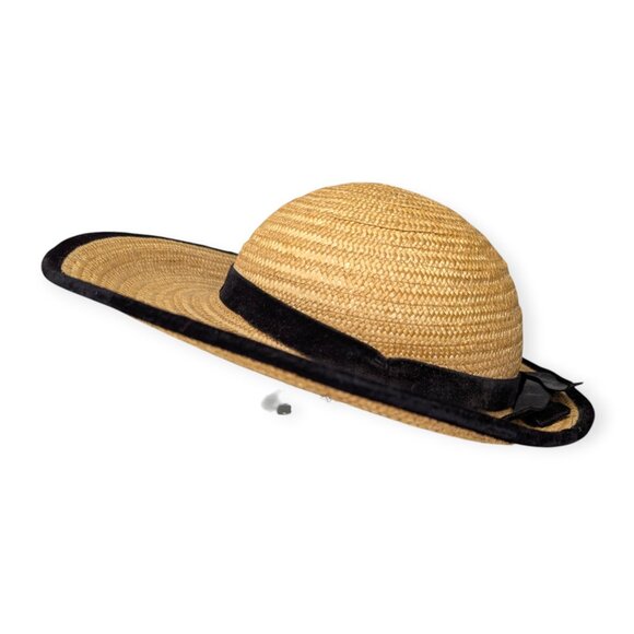 Vintage MGM Elizabeth Taylor Original Child Straw & Floral Hat Black Velvet Trim - Picture 3 of 13